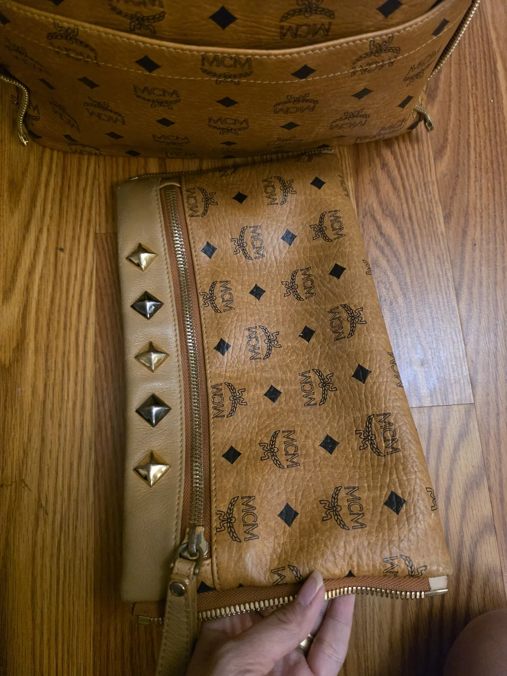 MCM Cognac Visetos Studded Leather Backpack with Pouch
